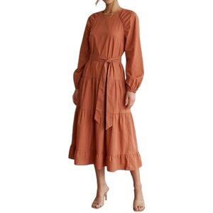 The Get Rust Tiered Midi Dress Long Puff Sleeve Belted Cotton Blend - Size Large